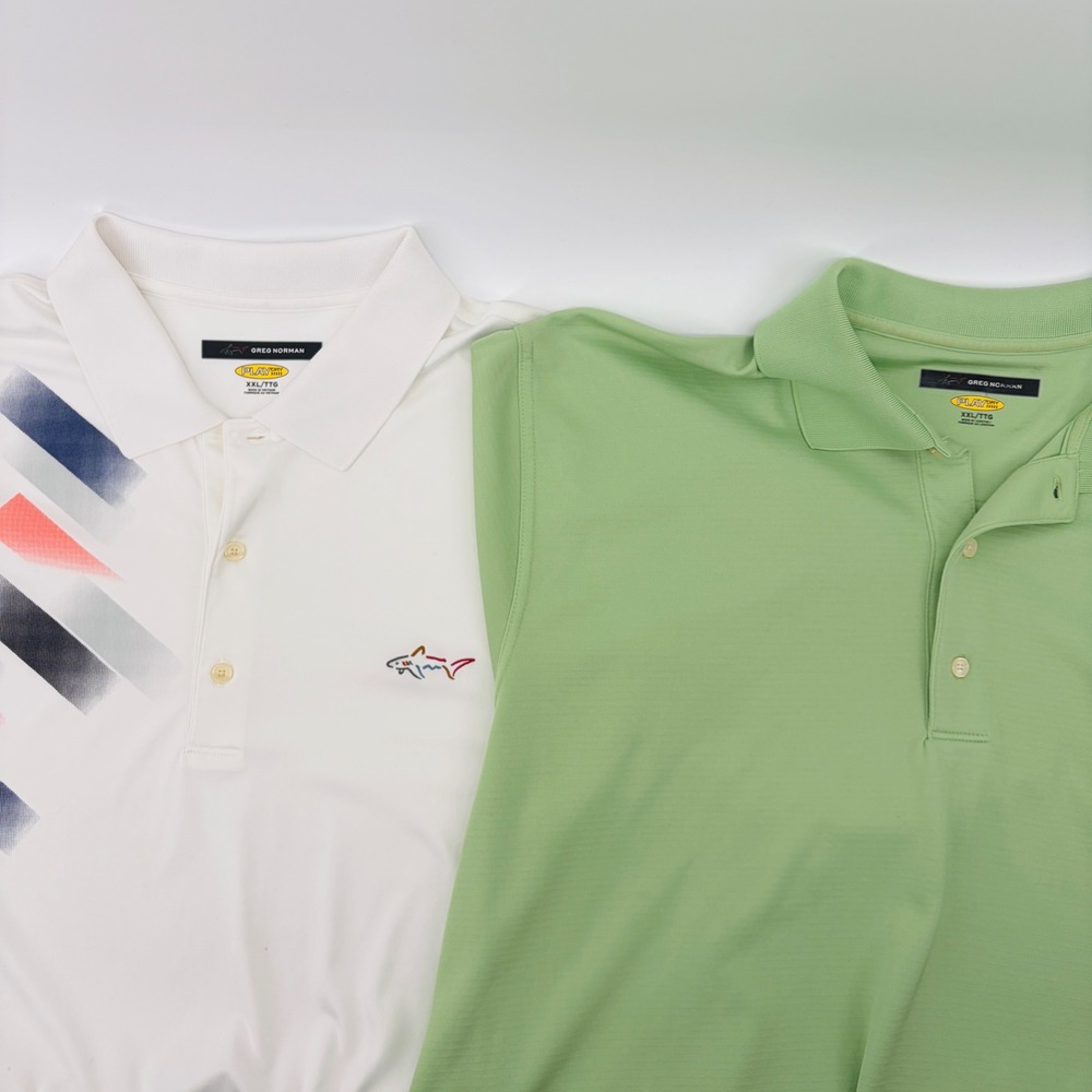 Greg Norman Mens XXL Play Dry Polo Shirt Lot of 2 White Graphic Green Golf Tops